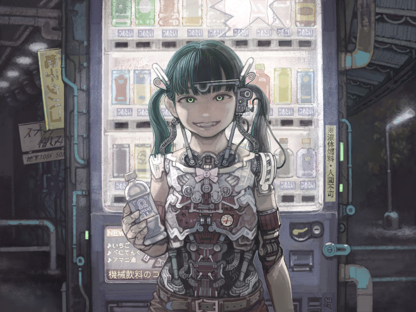 1girl backlighting bangs belt blunt_bangs bottle catcar0983 cyborg fangs glowing glowing_eyes green_eyes green_hair grin holding holding_bottle lamppost looking_at_viewer mechanical_parts night original outdoors science_fiction smile solo twintails vending_machine
