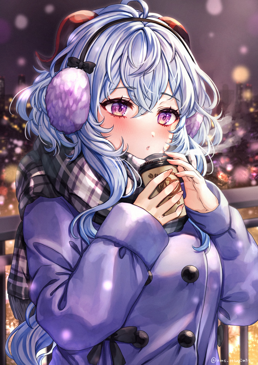 1girl absurdres ahoge bangs blue_hair blush breath cityscape coat cold cup earmuffs eyebrows_visible_through_hair ganyu_(genshin_impact) genshin_impact goat_horns hair_between_eyes hands_up highres holding holding_cup horns long_hair long_sleeves looking_away multicolored_eyes outdoors parted_lips plaid plaid_scarf purple_coat scarf sidelocks snow snowing solo tamaso twitter_username upper_body violet_eyes winter winter_clothes winter_coat