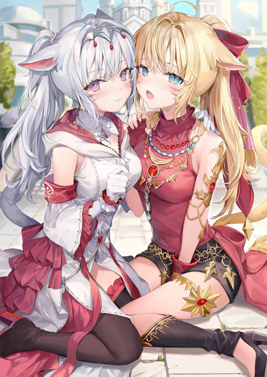 2girls ahoge animal_ears avatar_(ffxiv) bangs bare_shoulders black_shorts blonde_hair blurry blurry_background blush breasts brown_legwear building cat_ears cat_girl cat_tail detached_sleeves eyebrows_visible_through_hair facial_mark fang final_fantasy final_fantasy_xiv fingerless_gloves frilled frilled_legwear frills gloves green_eyes hair_between_eyes hair_ornament hair_ribbon high_heels highres hood hoodie jewelry large_breasts long_hair looking_at_viewer medium_breasts miqo'te momoko_(momopoco) multiple_girls necklace on_floor open_mouth outdoors parted_lips red_ribbon ribbon short_shorts shorts sitting smile tail thigh-highs tree violet_eyes wariza whisker_markings white_hair