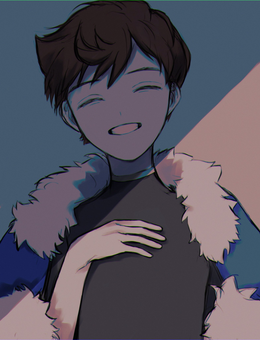 1boy alternate_costume bangs black_shirt blue_cape brown_hair cape closed_eyes commentary_request fur-trimmed_cape fur_trim grin hand_up highres male_focus pokemon pokemon_(game) pokemon_swsh shirt short_hair smile solo teeth umekobushi upper_body victor_(pokemon)