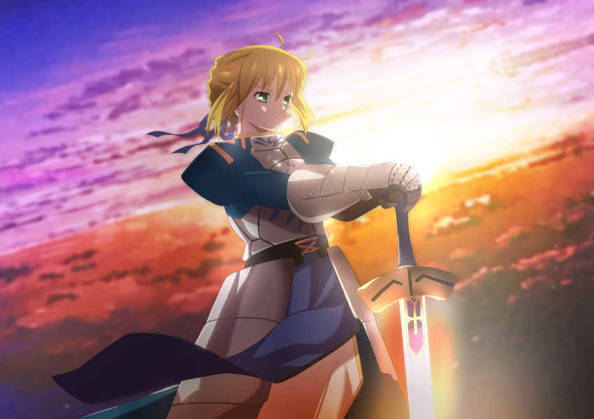 1girl absurdres ahoge armor artoria_pendragon_(fate) blonde_hair blue_skirt blue_sky braid breastplate determined excalibur_(fate/stay_night) fate/grand_order fate_(series) french_braid gauntlets grass green_eyes highres ienosuke juliet_sleeves long_sleeves mountainous_horizon puffy_sleeves purple_ribbon ribbon saber skirt sky solo