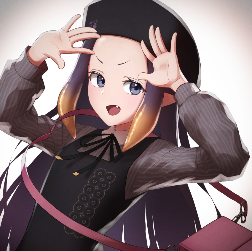 1girl absurdres arimoto_wataru arms_up beret black_headwear black_ribbon blue_eyes commentary_request dress fang forehead gradient_hair grey_shirt hat highres hololive hololive_english long_hair looking_at_viewer multicolored_hair neck_ribbon ninomae_ina'nis open_mouth orange_hair pinafore_dress pointy_ears purple_hair ribbon shirt simple_background solo striped striped_shirt tentacle_hair tentacles two-tone_hair upper_body very_long_hair virtual_youtuber white_background