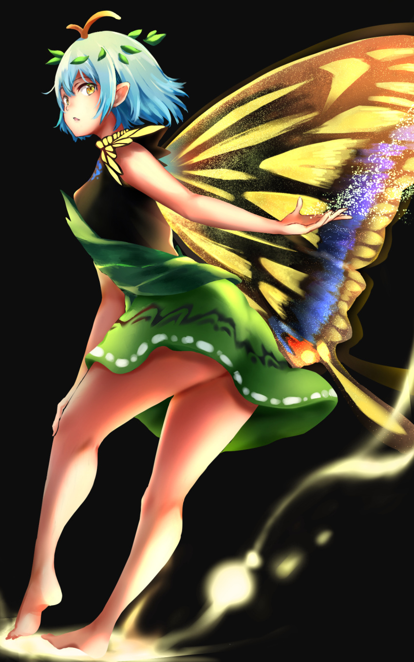1girl antennae aqua_hair bare_legs barefoot black_background butterfly_wings dress eternity_larva eyebrows_visible_through_hair fairy full_body green_dress hair_between_eyes highres leaf leaf_on_head multicolored_clothes multicolored_dress nagomian open_mouth short_hair simple_background single_strap solo touhou wings yellow_eyes