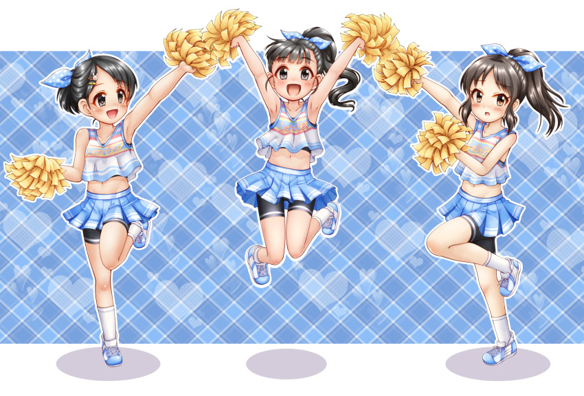 3girls :d arm_up armpits arms_up bare_arms bare_shoulders bike_shorts black_hair black_shorts blue_background blue_footwear blue_ribbon blue_skirt blush brown_eyes bunny_hair_ornament cheerleader collarbone commentary_request crop_top fukuyama_mai grey_eyes hair_ornament hair_ribbon hairclip heart heart_background high_ponytail highres holding idolmaster idolmaster_cinderella_girls jumping long_hair looking_at_viewer matching_outfit midriff multiple_girls navel outstretched_arm plaid plaid_background pleated_skirt polka_dot polka_dot_ribbon pom_pom_(cheerleading) ponytail regular_mow ribbon sasaki_chie shoes short_shorts shorts shorts_under_skirt skirt smile socks standing standing_on_one_leg tachibana_arisu tank_top two-tone_background white_background white_legwear