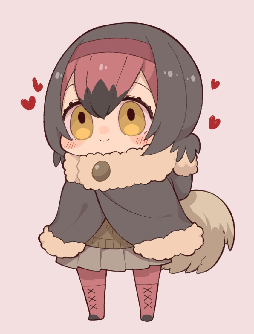 1girl bangs bird_tail black_hair blush boots brown_footwear brown_jacket brown_skirt brown_sweater buttons closed_mouth dodo_(kemono_friends) empty_eyes feathers fur_collar fur_trim hair_between_eyes hair_ornament hairband heart highres hood hood_down jacket kemono_friends notora pantyhose pink_footwear pink_hair pink_hairband pink_legwear poncho skirt smile solo standing sweater tail yellow_eyes