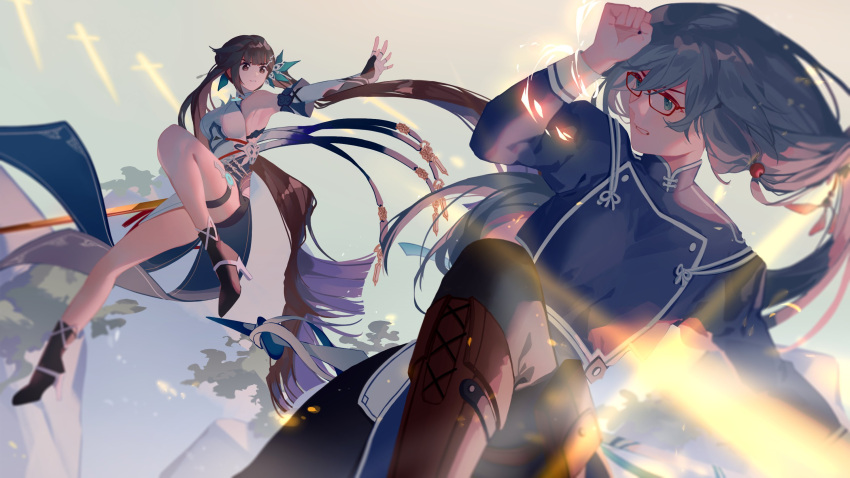 2girls armpits artist_request bangs black_footwear black_hair black_pants blue_eyes blue_shirt blue_sky brown_footwear brown_hair chinese_clothes elbow_gloves fighting fighting_stance fingerless_gloves fu_hua fu_hua_(phoenix) full_body glasses gloves highres holding holding_polearm holding_weapon honkai_(series) honkai_impact_3rd li_sushang long_hair looking_at_another multiple_girls open_mouth outdoors pants polearm shirt sky sleeveless spear teeth weapon white_gloves