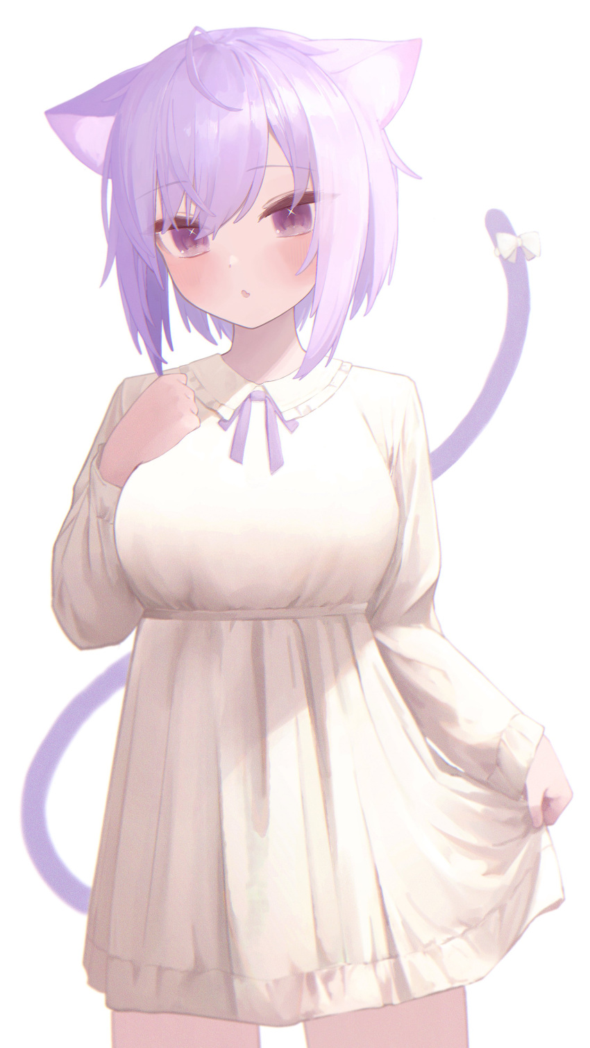 1girl absurdres ahoge animal_ear_fluff animal_ears bangs blush bow cat_ears cat_girl cat_tail dress eyebrows_visible_through_hair highres hololive looking_at_viewer nanome_to nekomata_okayu open_mouth purple_hair ribbon short_hair simple_background smile solo tail tail_bow tail_ornament violet_eyes virtual_youtuber white_background white_dress