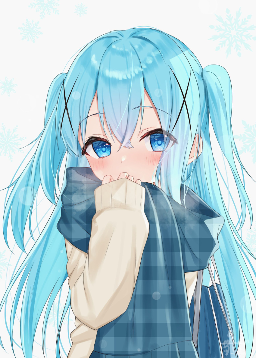 1girl bangs blue_eyes blue_hair breath brown_sweater commentary_request covered_mouth eyebrows_visible_through_hair fringe_trim gochuumon_wa_usagi_desu_ka? grey_background hair_between_eyes hair_ornament hand_up highres kafuu_chino long_hair long_sleeves looking_at_viewer plaid plaid_scarf puffy_long_sleeves puffy_sleeves scarf simple_background sleeves_past_wrists snowflake_background solo sweater tsukiman two_side_up unmoving_pattern upper_body very_long_hair x_hair_ornament