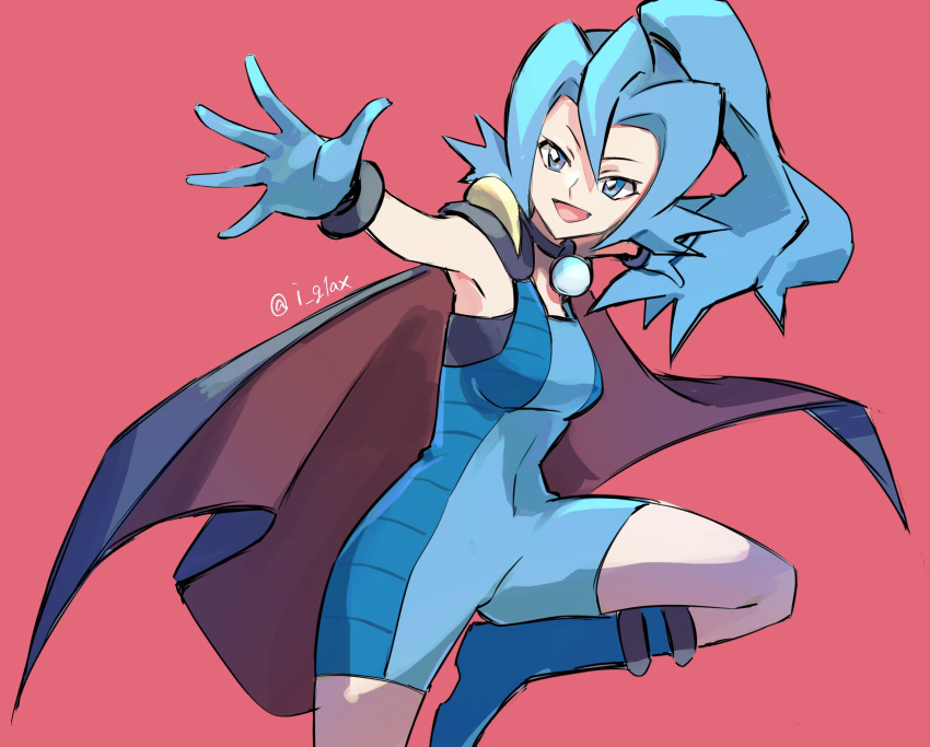 1girl :d bangs blue_eyes blue_footwear blue_hair bodysuit boots breasts cape clair_(pokemon) commentary_request gloves hair_between_eyes highres i_g1ax long_hair open_mouth pink_background pokemon pokemon_(game) pokemon_hgss ponytail smile solo spread_fingers tied_hair tongue twitter_username