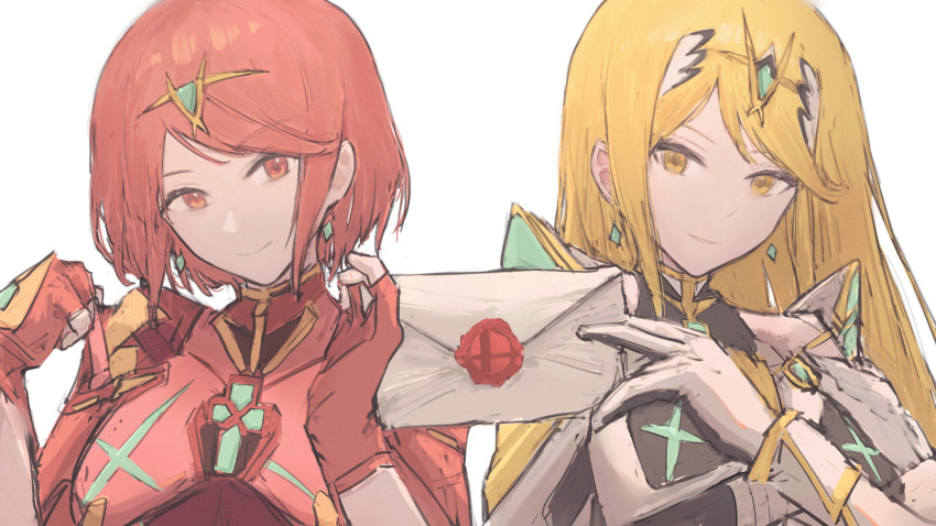 2girls 900p bangs blonde_hair breasts closed_mouth earrings fingerless_gloves gloves highres holding holding_letter jewelry letter long_hair looking_at_viewer multiple_girls mythra_(massive_melee)_(xenoblade) mythra_(xenoblade) pyra_(xenoblade) red_eyes red_gloves redhead revision short_hair simple_background sketch smash_invitation smile super_smash_bros. tiara upper_body white_background white_gloves xenoblade_chronicles_(series) xenoblade_chronicles_2 yellow_eyes
