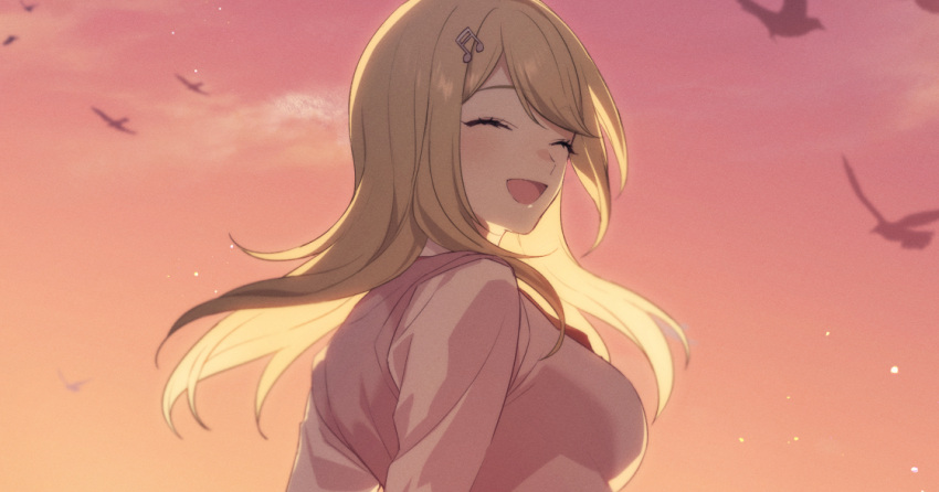 1girl :d ahoge akamatsu_kaede animal bangs bird blonde_hair blush breasts danganronpa_(series) danganronpa_v3:_killing_harmony facing_back facing_viewer gradient gradient_background hair_ornament happy large_breasts long_hair musical_note_hair_ornament open_mouth outdoors pink_vest risutora_desu smile sunset vest