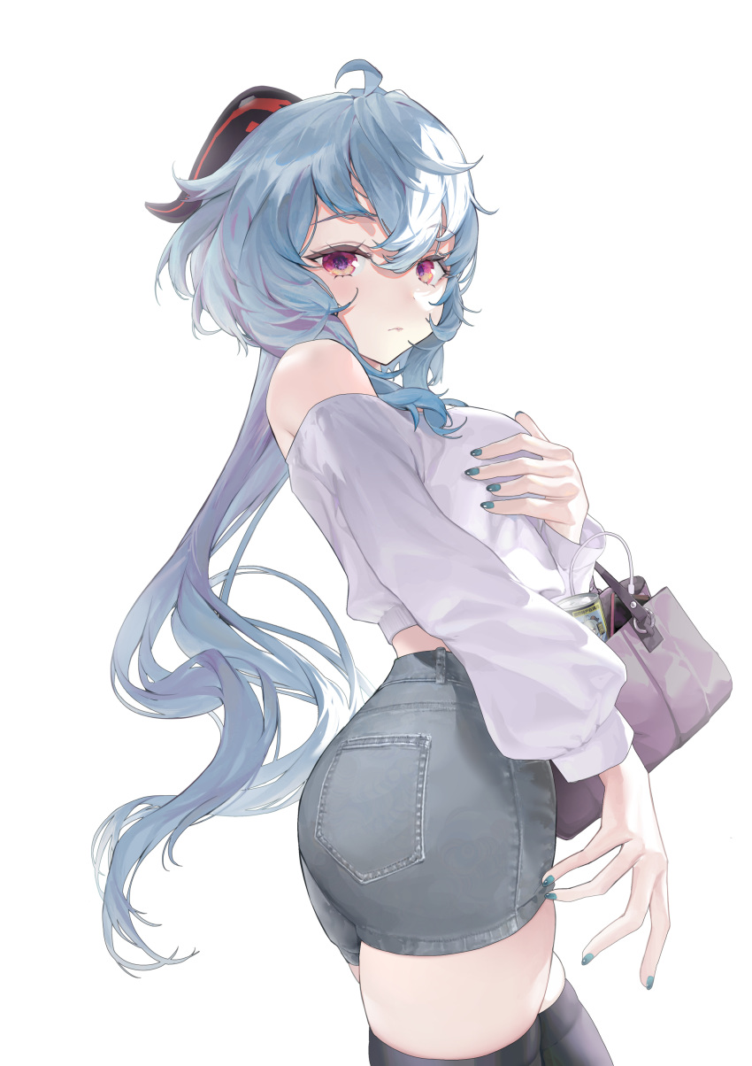 absurdres ahoge alternate_costume bag bangs bare_shoulders black_legwear blue_hair blush breasts cowboy_shot curled_horns denim denim_shorts eyebrows_visible_through_hair ganyu_(genshin_impact) genshin_impact haku89 hand_on_own_chest handbag highres horns long_hair looking_at_viewer medium_breasts nail_polish pants shorts sidelocks skindentation solo standing thigh-highs thighs violet_eyes white_background