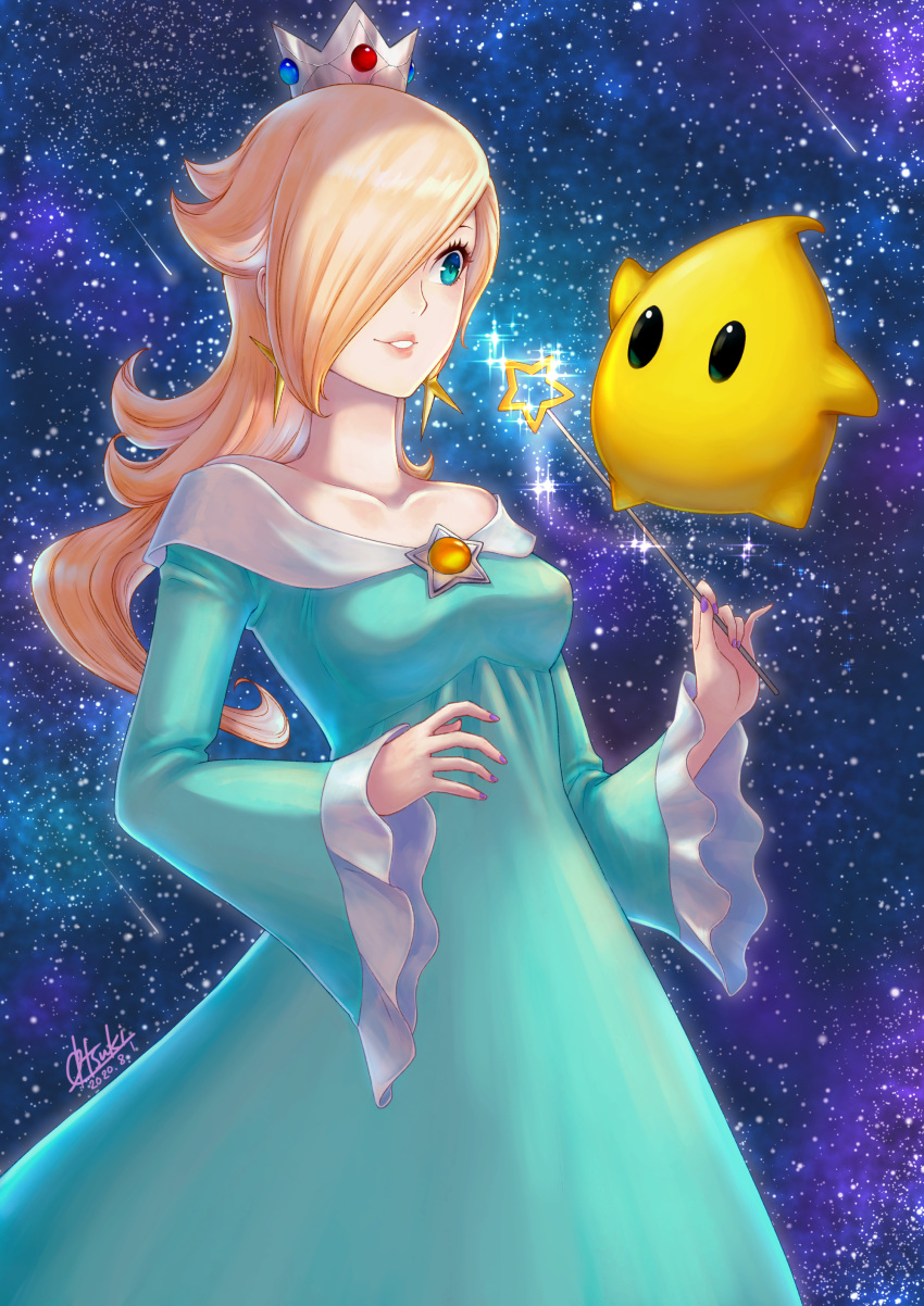 1girl absurdres bare_shoulders blonde_hair blue_dress blue_eyes collarbone crown dress earrings grin hair_over_one_eye highres holding holding_wand jewelry long_dress long_hair long_sleeves off-shoulder_dress off_shoulder rosalina shiny shiny_hair sky smile solo star_(sky) star_(symbol) star_earrings starry_sky super_mario_bros. super_mario_galaxy tsuki_(xxsn3288) wand wide_sleeves