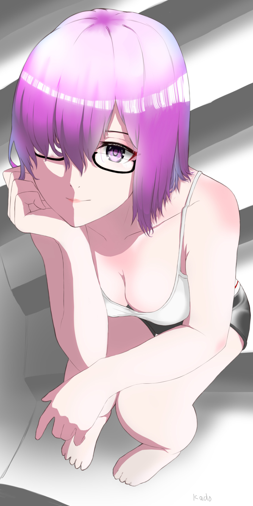 1girl absurdres aoma_kadoyaa bad_feet barefoot fate/grand_order fate_(series) glasses highres lips looking_at_viewer mash_kyrielight one_eye_covered pink_hair short_hair shorts sitting stairs tank_top violet_eyes