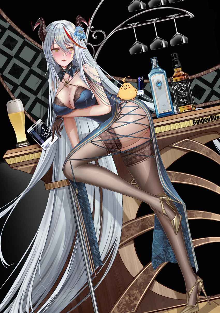 1girl absurdly_long_hair absurdres aegir_(azur_lane) alcohol alternate_costume arm_under_breasts artist_name ass azur_lane ballot bare_shoulders beer black_background black_gloves black_legwear blue_dress blue_flower blush breasts china_dress chinese_clothes criss-cross_halter cross demon_horns detached_collar dress floral_print flower full_body gloves gold_footwear golden_miocola hair_between_eyes half_gloves halterneck high_heels highres horns iron_cross lace-trimmed_legwear lace_trim large_breasts leaning_forward leg_up long_hair manjuu_(azur_lane) mole mole_under_eye pelvic_curtain redhead shoes solo standing standing_on_one_leg stiletto_heels thigh-highs very_long_hair vodka whiskey white_hair yellow_eyes
