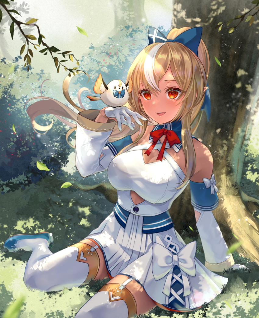 1girl bangs bird bird_on_hand blonde_hair blue_bow blue_footwear bow bowtie breasts commentary_request dark-skinned_female dark_skin detached_sleeves elf elfriend_(shiranui_flare) eyebrows_visible_through_hair floating_hair gloves grass hair_between_eyes hair_bow highres hololive large_breasts leaf long_hair long_sleeves looking_at_animal multicolored_hair nature outdoors parted_lips pi_tayuko pointy_ears red_bow red_bowtie red_eyes shiranui_flare shirt shoes skirt smile solo streaked_hair thigh-highs tree very_long_hair virtual_youtuber white_gloves white_hair white_legwear white_shirt white_skirt