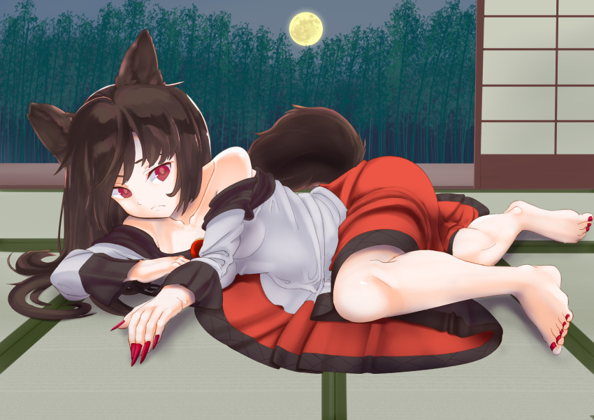 1girl animal_ears bamboo bamboo_forest barefoot breasts brooch brown_hair collarbone commentary feet fingernails forest frown full_body full_moon highres imaizumi_kagerou indoors jewelry long_fingernails long_hair looking_at_viewer lying medium_breasts moon nail_polish nature night off-shoulder_shirt off_shoulder on_side red_eyes red_skirt sharp_fingernails shirt shouji skirt sliding_doors solo stray56 tail tatami toenail_polish toenails toes touhou white_shirt wolf_ears wolf_girl wolf_tail