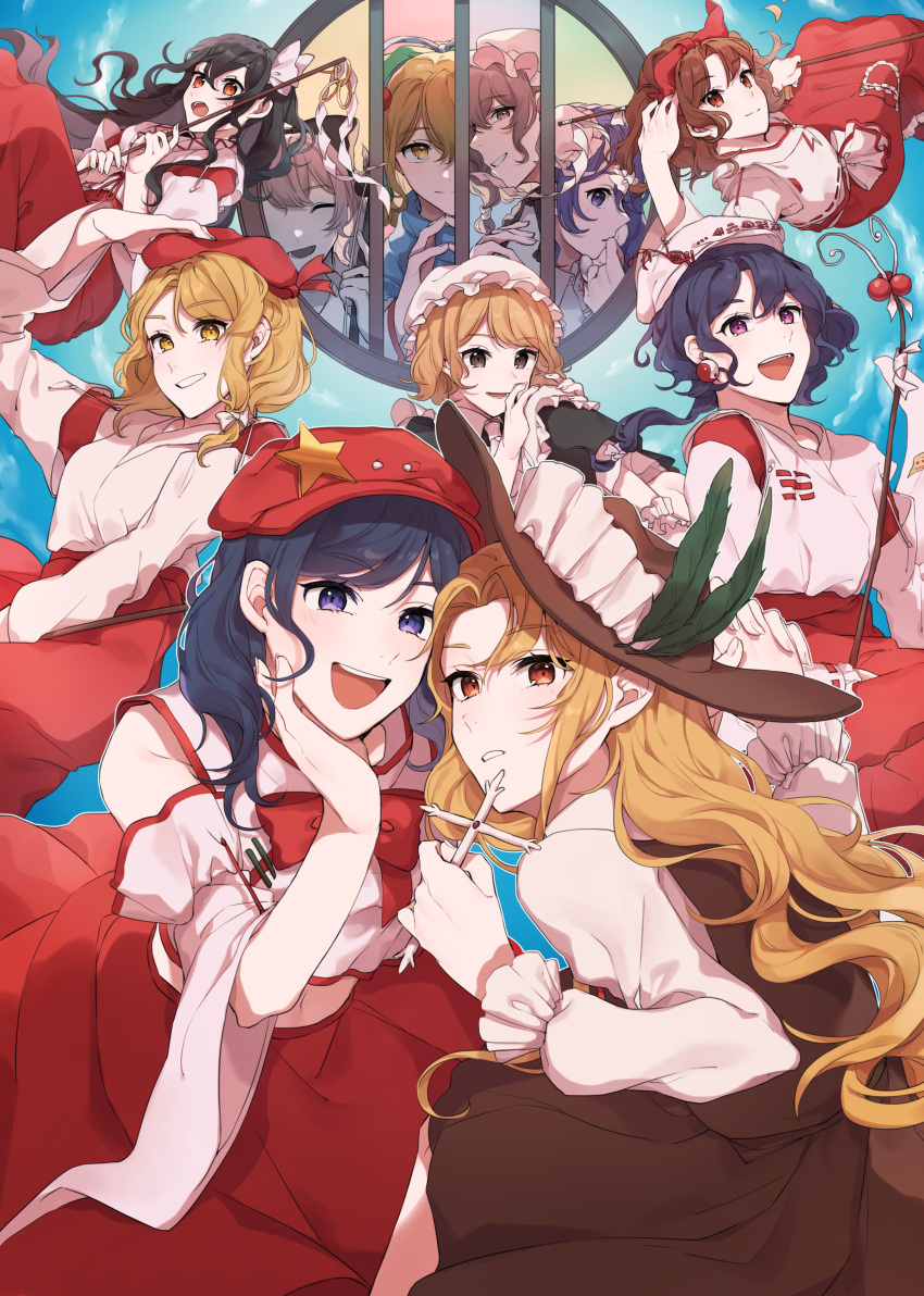 6+girls :o absurdres apron bangs bare_shoulders beret black_ribbon black_skirt blonde_hair blonde_shrine_maiden_from_a_future_era_(touhou) blue_background blue_eyes blue_hair bow bowtie breasts brown_headwear brown_skirt brown_vest cabbie_hat character_request closed_mouth collared_shirt commentary_request cross detached_sleeves dolls_in_pseudo_paradise earrings erhu eyebrows_visible_through_hair eyelashes flat_cap frilled_apron frilled_hat frilled_skirt frills gohei green_bow hair_bow hair_ribbon hand_in_hair hand_on_headwear hand_on_own_face happy hat hat_ornament highres holding holding_cross holding_hands hourai_girl_(touhou) interlocked_fingers jacket_girl_(dipp) japanese_clothes jewelry kimono label_girl_(dipp) laspberry. light_brown_hair long_hair long_skirt long_sleeves maid mandarin_collar medium_breasts midriff miko mini_hat mob_cap multiple_girls open_mouth orange_eyes parted_bangs portrait_of_exotic_girls red_bow red_bowtie red_eyes red_footwear red_headwear red_skirt ribbon ribbon-trimmed_sleeves ribbon_trim round_window satsuki_rin shirt short_hair side_ponytail skirt skirt_tug smile star_(symbol) star_hat_ornament teeth touhou upper_teeth very_long_hair vest violet_eyes wavy_hair white_apron white_bow white_headwear white_kimono white_ribbon white_shirt white_vest wide_sleeves window yellow_eyes yin_yang yin_yang_earrings