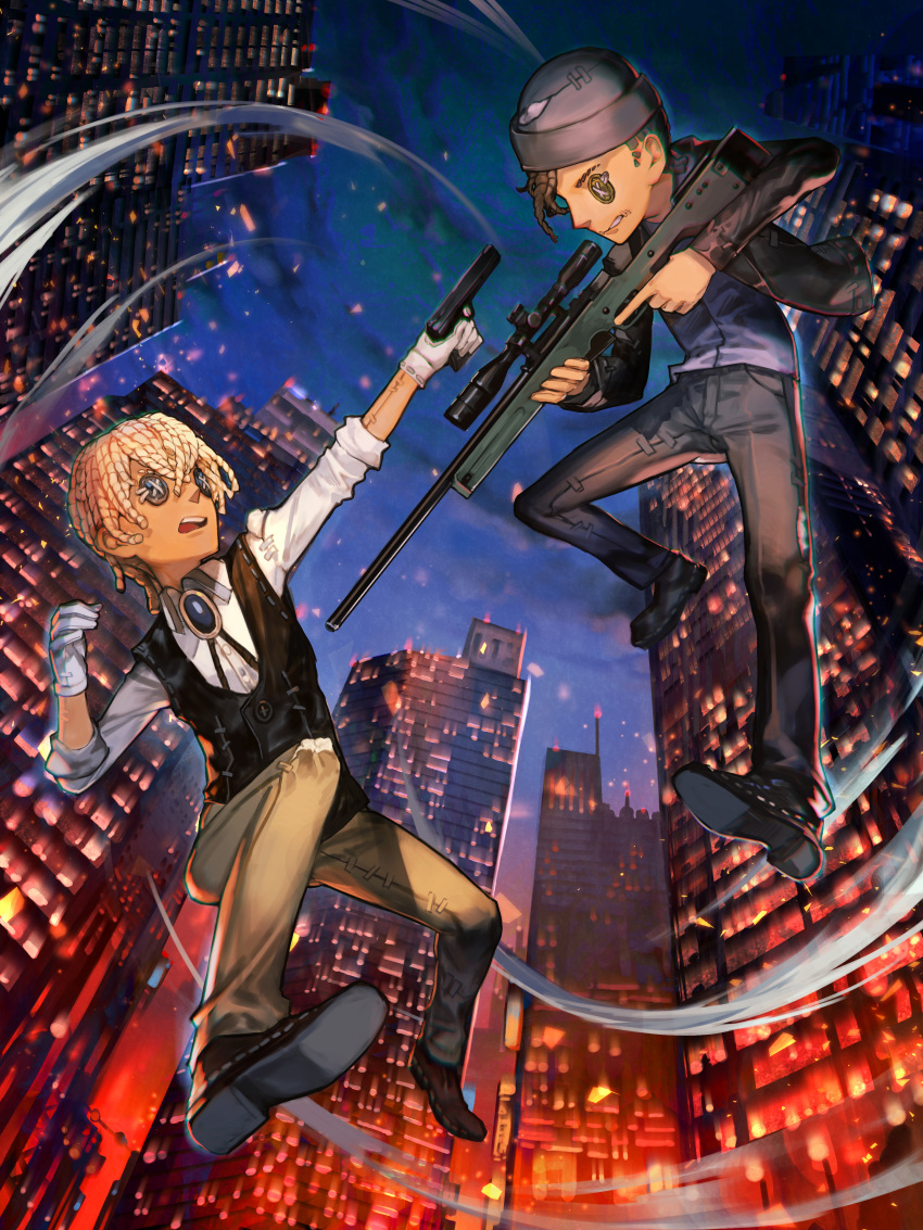 2boys absurdres aiming black_footwear black_jacket black_pants black_vest brooch brown_pants character_request clenched_teeth gloves gun hairlocs handgun hankuri hat highres holding holding_gun holding_weapon identity_v jacket jewelry male_focus meitantei_conan multiple_boys night open_clothes open_jacket open_mouth outdoors pants pistol purple_shirt rifle shirt shoes sniper_rifle teeth trigger_discipline vest weapon white_gloves white_shirt