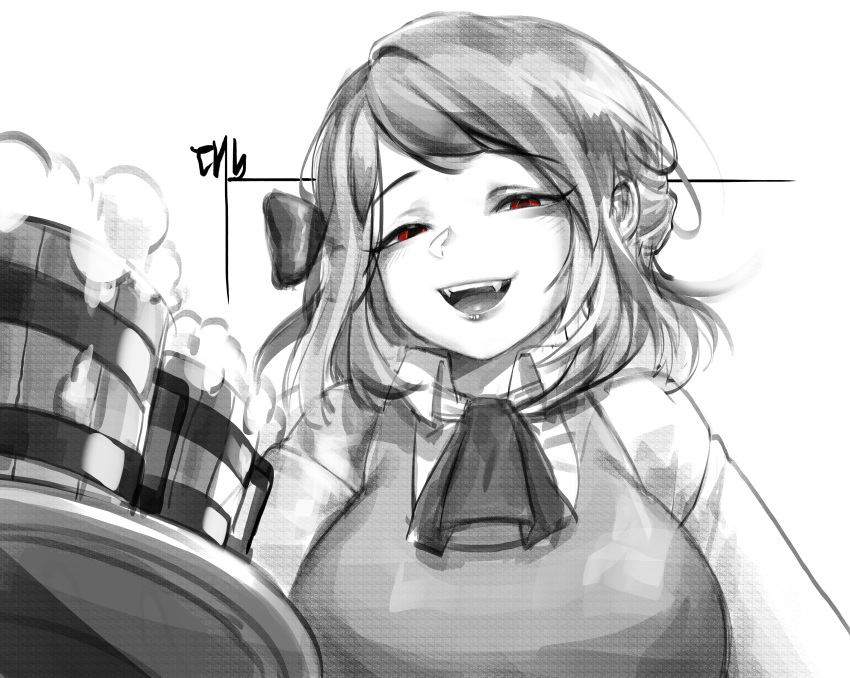 1girl absurdres alcohol beer beer_mug breasts cup daeno eyebrows_visible_through_hair greyscale guardian_tales highres innkeeper_loraine medium_hair monochrome mug open_mouth plate red_eyes signature smug solo teeth upper_body upper_teeth white_background