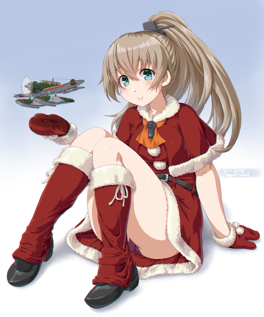 1girl aircraft airplane aqua_eyes black_footwear blush brown_hair capelet closed_mouth dated dd_(ijigendd) eyebrows_visible_through_hair full_body fur_trim gradient gradient_background hair_between_eyes highres kantai_collection kumano_(kancolle) long_hair mittens official_alternate_costume pom_pom_(clothes) ponytail red_capelet santa_costume smile solo twitter_username