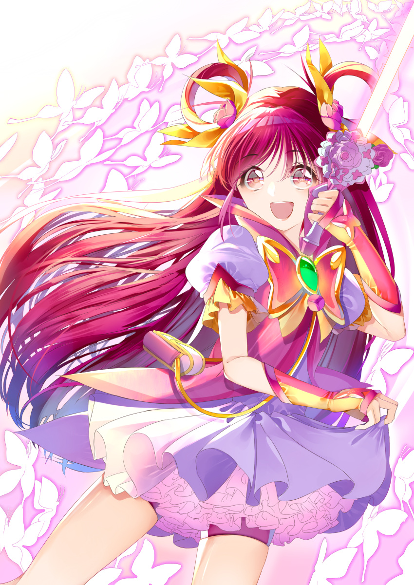 1girl :d absurdres bangs bike_shorts brown_eyes cure_dream eyebrows_visible_through_hair floating_hair flower hair_between_eyes hair_flower hair_ornament highres holding holding_sword holding_weapon layered_skirt long_hair looking_at_viewer miniskirt pink_flower pink_vest pleated_skirt precure purple_shorts redhead shiny shiny_hair shirt short_shorts short_sleeves shorts shorts_under_skirt skirt skirt_hold smile solo sword tied_hair very_long_hair vest weapon white_shirt white_skirt yes!_precure_5 yes!_precure_5_gogo! yuutarou_(fukiiincho)