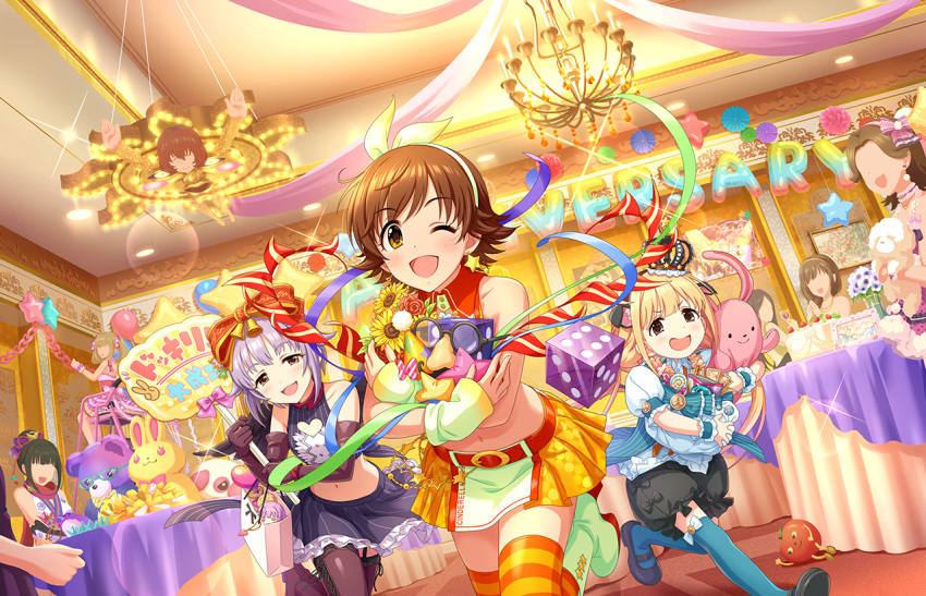 6+girls blush brown_eyes brown_hair cake chandelier character_request decorations dress faceless_female honda_mio idolmaster_cinderella_girls_starlight_stage looking_at_viewer official_art open_mouth plush short_hair smile stuffed_toy table wink