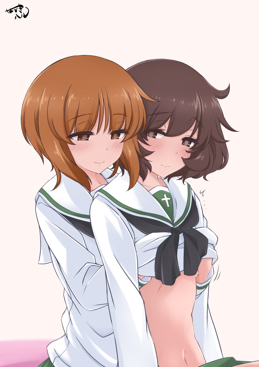 2girls akiyama_yukari bangs blush brown_eyes brown_hair girls_und_panzer groping hand_under_clothes hazuki_haru highres long_sleeves messy_hair multiple_girls nishizumi_miho ooarai_school_uniform open_mouth school_uniform serafuku short_hair skirt smile yuri