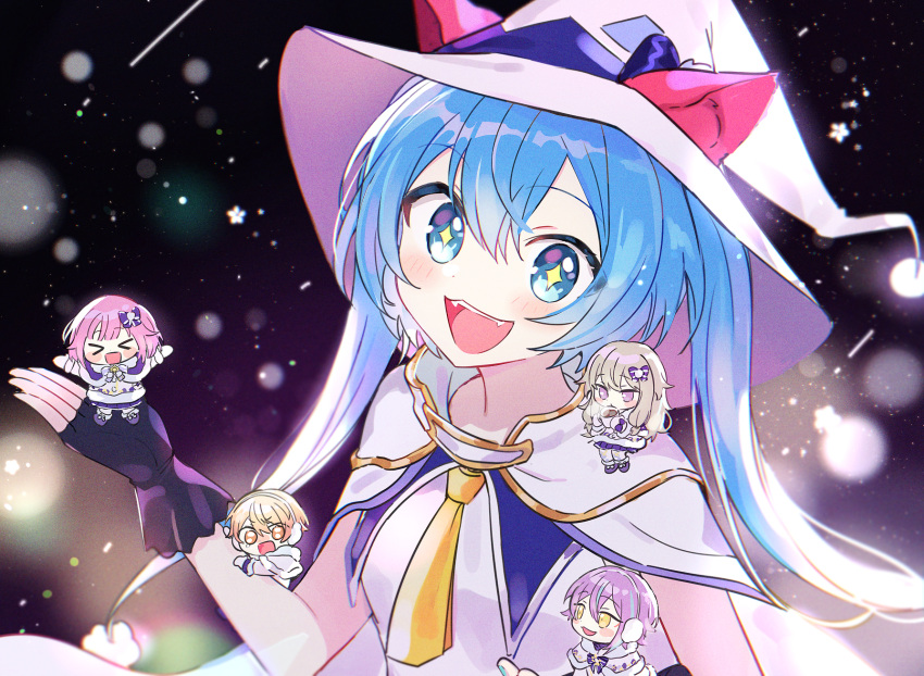 &gt;_&lt; 2boys 3girls animal_ears arms_up bangs bare_arms black_gloves blonde_hair blowing blue_capelet blue_eyes blue_footwear blue_hair blue_ribbon blue_skirt blunt_bangs blush_stickers cape capelet cat_ears chibi chibi_inset chromatic_aberration coat cup dot_nose drink earmuffs eyebrows_visible_through_hair fangs fingerless_gloves fur-trimmed_capelet fur-trimmed_coat fur_trim gloves glowing gold_trim hair_between_eyes hair_ribbon hand_up happy hat hat_with_ears hatsune_miku highres holding holding_cup jumping kamishiro_rui kusanagi_nene legs_together lens_flare light_brown_hair light_particles long_hair low_twintails mittens multicolored_hair multiple_boys multiple_girls neck_ribbon necktie nervous ootori_emu open_mouth orange_eyes pink_hair pjmiyo pleated_skirt pom_pom_(clothes) project_sekai purple_hair ribbon short_hair sitting skirt sparkle star_(symbol) steam streaked_hair sweatdrop symbol-shaped_pupils tenma_tsukasa tsurime twintails violet_eyes vocaloid white_cape white_coat white_headwear white_legwear wide-eyed winter_clothes witch_hat yellow_eyes yellow_necktie yuki_miku yuki_miku_(2014)