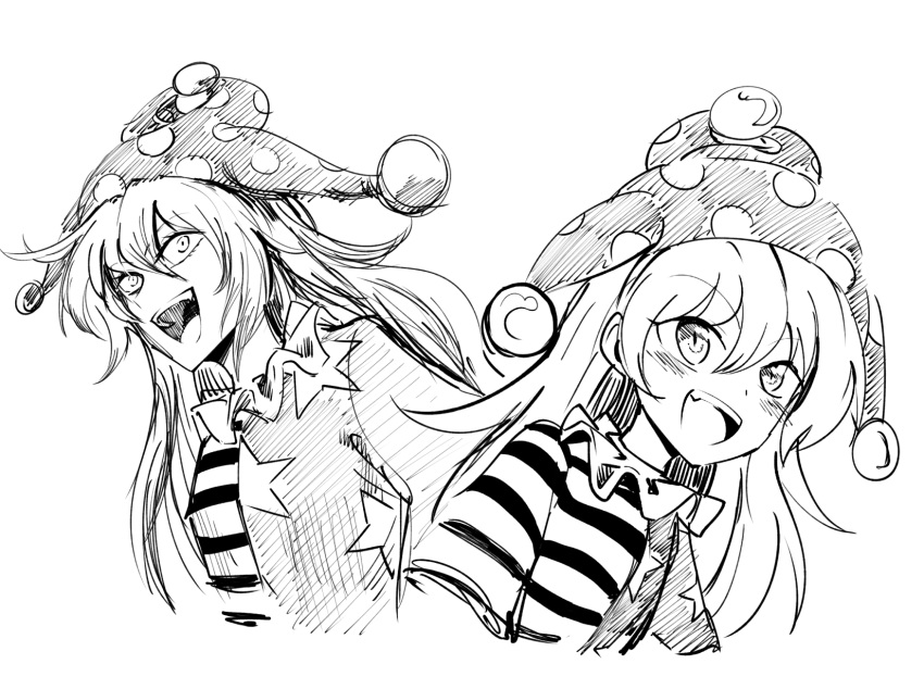 1girl american_flag_shirt bangs blush clownpiece eyebrows_visible_through_hair eyes_visible_through_hair fang fangs hair_between_eyes hat highres jester_cap long_hair looking_to_the_side monochrome neck_ruff open_mouth polka_dot shiguma_(signalmass) shirt short_sleeves simple_background smile solo star_(symbol) star_print striped striped_shirt touhou upper_body white_background