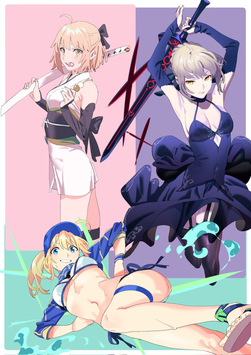 3girls ahoge aqua_background armpits arms_up artoria_pendragon_(fate) bare_shoulders bikini black_bow blonde_hair blue_eyes blue_headwear blush bow breasts cleavage_cutout clothing_cutout covered_navel dango detached_sleeves dress eating excalibur_morgan_(fate) fate/grand_order fate_(series) food from_below from_side garter_straps hair_bow henken highres japanese_clothes katana kimono looking_at_viewer medium_breasts multicolored_background multicolored_hair multiple_girls mysterious_heroine_xx_(fate) navel obi okita_souji_(fate) pink_background ponytail purple_background saber_alter sandals sash short_kimono shrug_(clothing) skindentation sleeveless sleeveless_kimono smile swimsuit sword thigh-highs thigh_strap wagashi weapon white_bikini wind wind_lift yellow_eyes