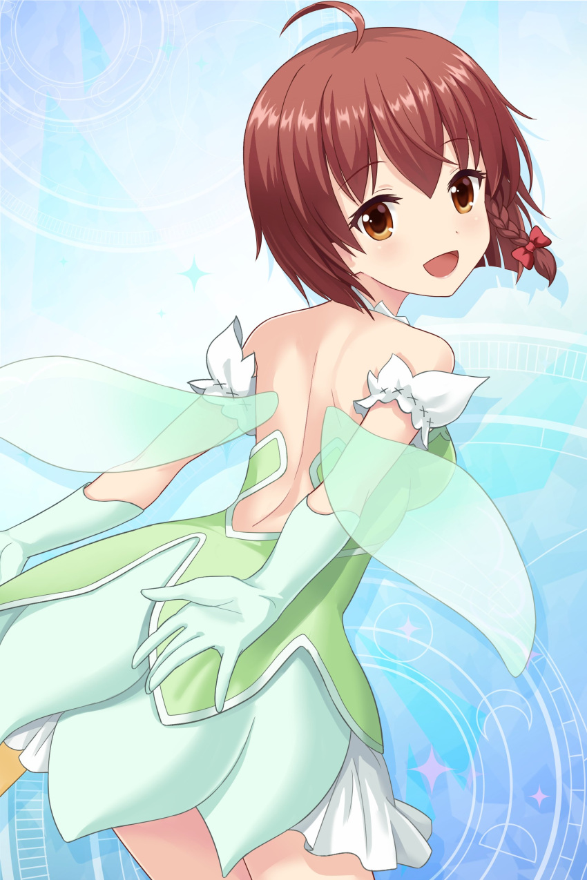 1girl absurdres ahoge alternative_girls arm_behind_back bare_back blue_background brown_eyes brown_hair dress eyebrows_visible_through_hair gloves green_dress green_gloves highres looking_at_viewer looking_back official_art open_hand open_mouth short_hair smile solo yuuki_miyaka