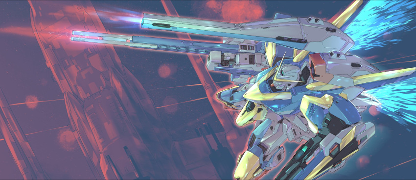 energy_wings flying from_above gun gundam highres holding holding_gun holding_weapon koukidou_p mecha mobile_suit science_fiction shield shoulder_cannon solo v-fin v2_gundam victory_gundam weapon
