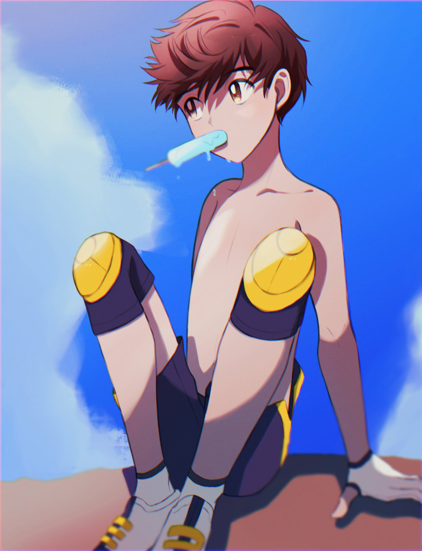 1boy bangs brown_eyes brown_hair clouds collarbone commentary_request day dripping food gloves highres knee_guards male_focus master_dojo_uniform mouth_hold outdoors partially_fingerless_gloves pokemon pokemon_(game) pokemon_swsh popsicle shoes short_hair shorts side_slit side_slit_shorts sitting sky socks solo topless_male umekobushi victor_(pokemon) white_footwear white_gloves white_legwear