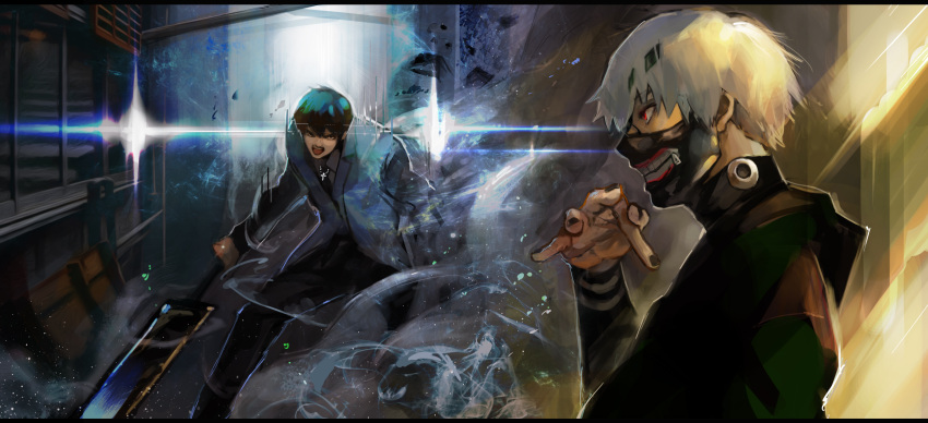 2boys absurdres amon_koutarou bangs black_hair black_mask black_nails black_pants commentary_request cross cross_necklace from_side grey_hair grey_jacket hand_up highres holding holding_sword holding_weapon hood hood_down jacket jewelry kaneki_ken kyuuba_melo long_sleeves mask mouth_mask multiple_boys nail_polish necklace open_mouth pants profile short_hair steam sword teeth teeth_print tokyo_ghoul upper_teeth weapon
