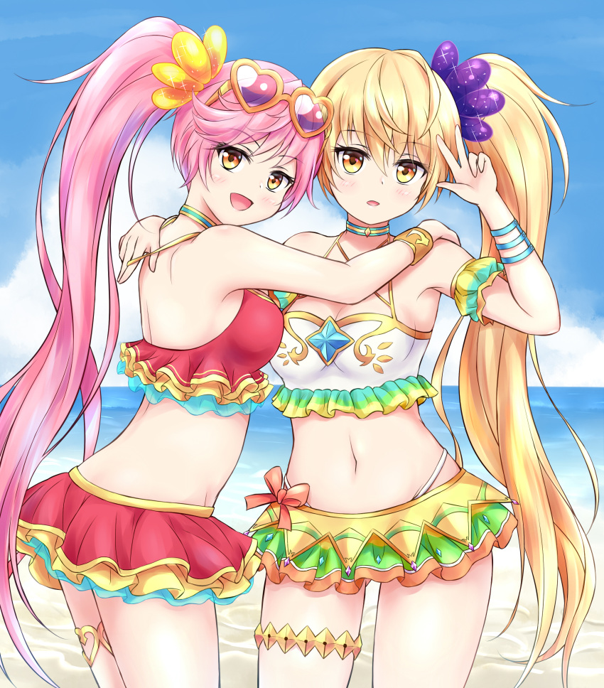 2girls akira_sonchou bangs bikini bikini_top blonde_hair blush metatron_(monster_strike) monster_strike pink_hair ponytail sandalphon_(monster_strike) twins