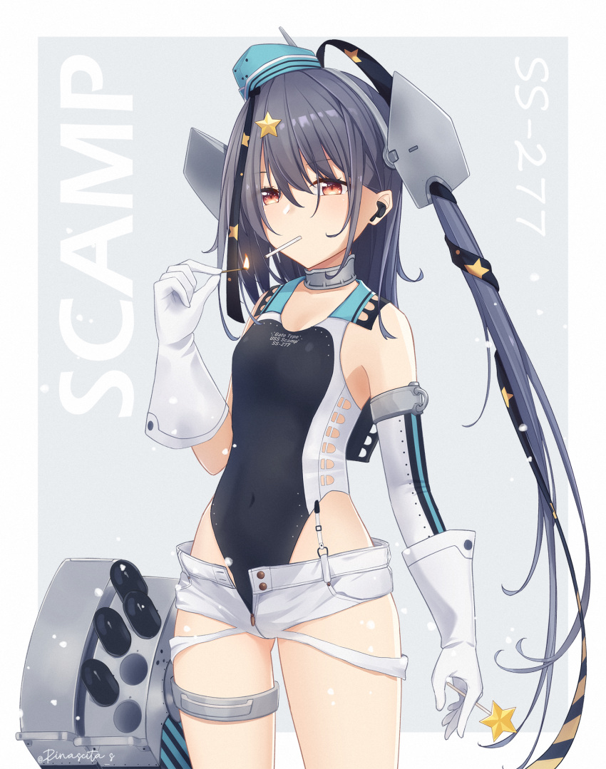 1girl aqua_headwear aticsanir bad_anatomy bad_face black_swimsuit border candy character_name cigarette collarbone competition_swimsuit cowboy_shot food garrison_cap gloves grey_hair hair_ornament hat headgear highleg highleg_swimsuit highres holding holding_candy holding_food kantai_collection long_hair one-piece_swimsuit orange_eyes scamp_(kancolle) short_shorts shorts side_ponytail signature solo star_(symbol) star_hair_ornament swimsuit white_border white_gloves white_shorts