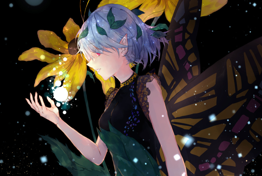 1girl ama_asagi antennae aqua_hair black_background butterfly_wings dress eternity_larva eyebrows_visible_through_hair fairy flower green_dress hair_between_eyes hair_ornament leaf_hair_ornament multicolored_clothes multicolored_dress open_mouth pointy_ears red_eyes short_hair single_strap solo touhou wings yellow_flower