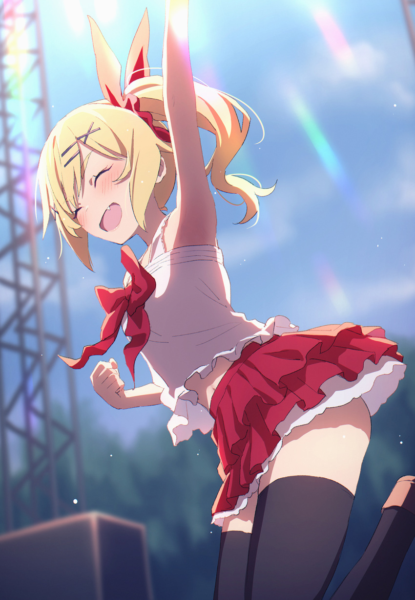 1girl :d ^_^ arm_up armpits black_legwear blonde_hair blurry blurry_background blush bow bowtie character_request closed_eyes fang hair_bow hair_ornament hairclip highres layered_skirt long_hair midriff mikazuchi_zeus miniskirt outdoors pleated_skirt red_bow red_bowtie red_skirt shirt side_ponytail skirt sleeveless sleeveless_shirt smile solo stage stomach thigh-highs two-tone_skirt white_shirt white_skirt x_hair_ornament zettai_ryouiki