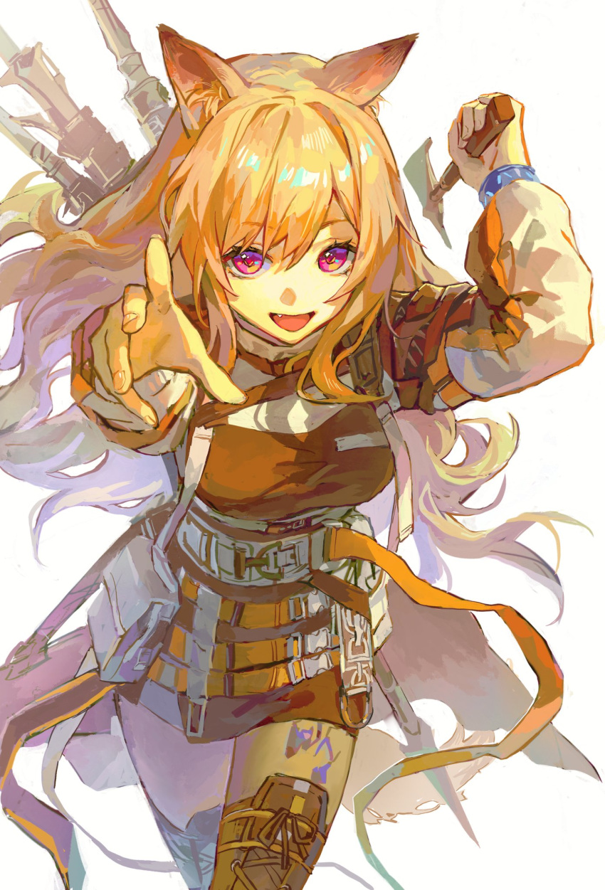 1girl :d animal_ear_fluff animal_ears arknights axe bangs belt black_dress boots brown_footwear ceobe_(arknights) commentary cross-laced_footwear dogdogbhh dress fang feet_out_of_frame hatchet_(axe) highres holding holding_axe long_hair long_sleeves looking_at_viewer open_mouth orange_hair outstretched_arm pink_eyes pouch sidelocks smile solo standing swept_bangs symbol-only_commentary tail thigh-highs thigh_boots weapon weapon_on_back white_background wolf_ears wolf_girl wolf_tail