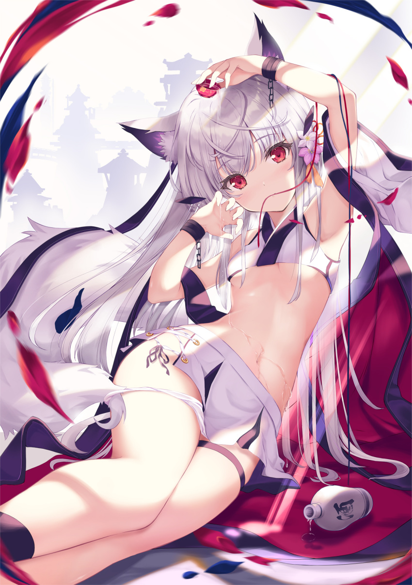 1girl alcohol animal_ears arm_up armpits bare_shoulders breasts choko_(cup) claw_pose crop_top cup flower fox_ears fox_girl fox_tail hair_flower hair_ornament hand_up highres japanese_clothes long_hair looking_at_viewer midriff miniskirt mouth_hold navel off_shoulder original pouring_onto_self reclining red_eyes red_ribbon revealing_clothes ribbon sake shirt skirt sleeveless sleeveless_shirt small_breasts solo stomach tail tenmu_shinryuusai thigh_strap thighs very_long_hair white_hair white_shirt white_skirt