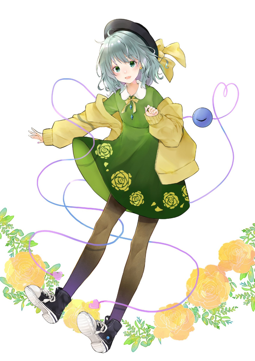 1girl :d adapted_costume bangs black_footwear black_headwear bow collarbone dress eyebrows_visible_through_hair floral_print flower full_body green_dress green_hair hat hat_bow heart heart_of_string highres komeiji_koishi long_sleeves looking_at_viewer open_mouth rose_print shoes short_hair simple_background smile sneakers solo sweater_vest third_eye touhou white_background yellow_bow yellow_flower yellow_sweater_vest yurara_(aroma42enola)
