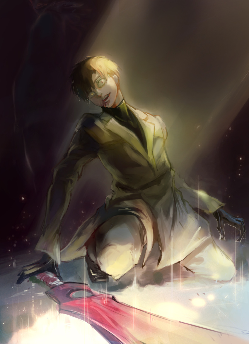 1boy bangs black_background black_gloves black_hair blood blood_from_mouth brown_background brown_jacket brown_pants commentary_request crazy_eyes gloves highres jacket kyuuba_melo male_focus one_knee open_mouth pants short_hair solo sword teeth tokyo_ghoul tokyo_ghoul:re upper_teeth urie_kuki weapon