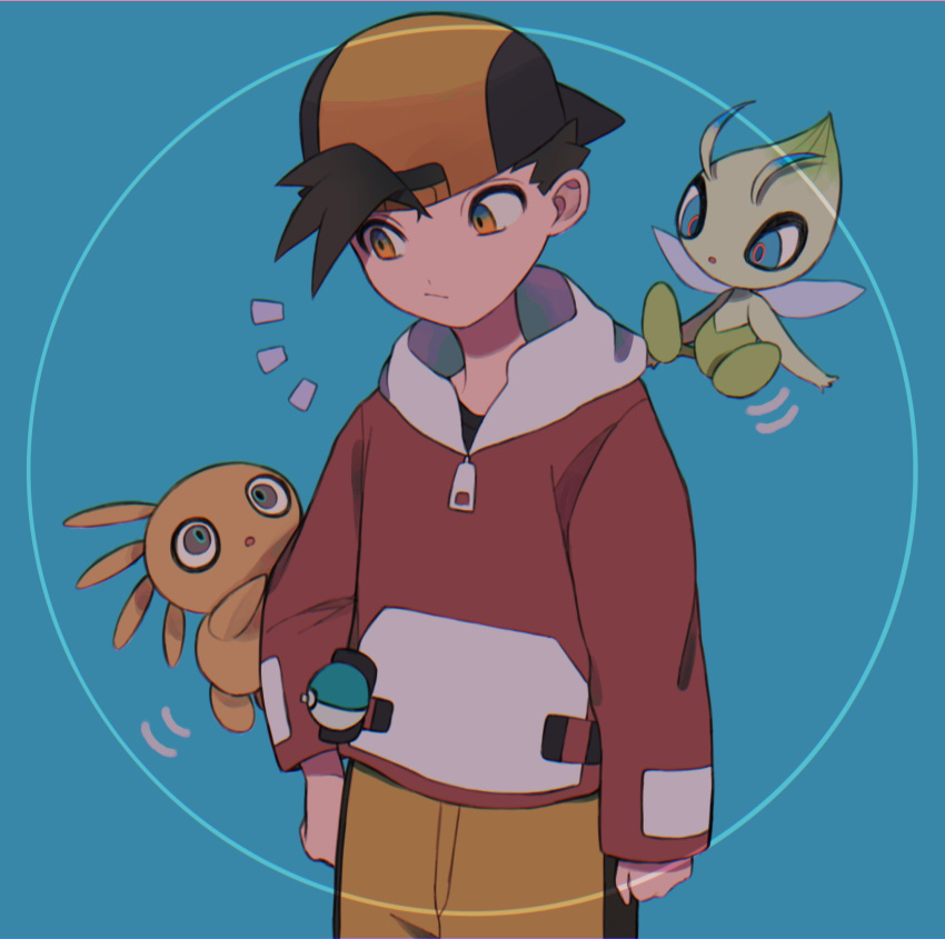 1boy backwards_hat baseball_cap black_hair black_shirt blue_background celebi character_request commentary_request ethan_(pokemon) framed gradient_eyes hat highres jacket long_sleeves looking_down male_focus multicolored_eyes notice_lines orange_eyes poke_ball pokemon pokemon_(creature) pokemon_(game) pokemon_gsc red_jacket shirt short_hair shorts umekobushi yellow_shorts zipper_pull_tab