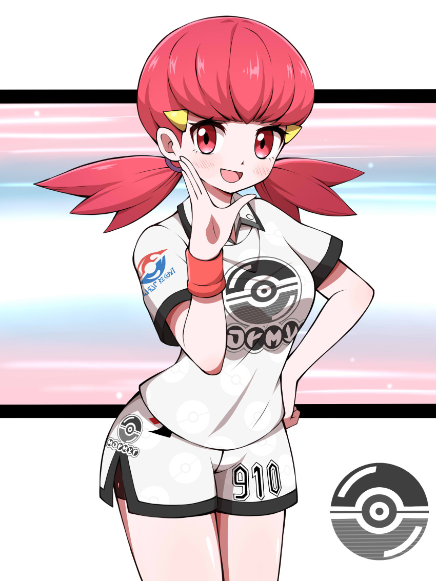 1girl :d absurdres alternate_costume blush breasts hand_on_hip hand_up highres jersey looking_at_viewer open_mouth poke_ball_print pokemon pokemon_(game) pokemon_hgss print_shirt red_eyes redhead shabana_may shirt short_shorts short_sleeves shorts smile solo sportswear twintails uniform_number white_shirt white_shorts whitney_(pokemon)