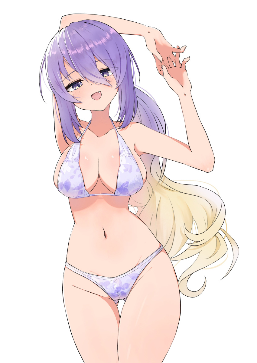 1girl absurdres arms_up bikini blonde_hair breasts fang gradient_hair highres hololive hololive_indonesia large_breasts long_hair low_ponytail midoku_(itijikusakura) moona_hoshinova multicolored_hair navel purple_bikini purple_hair swimsuit violet_eyes virtual_youtuber white_background