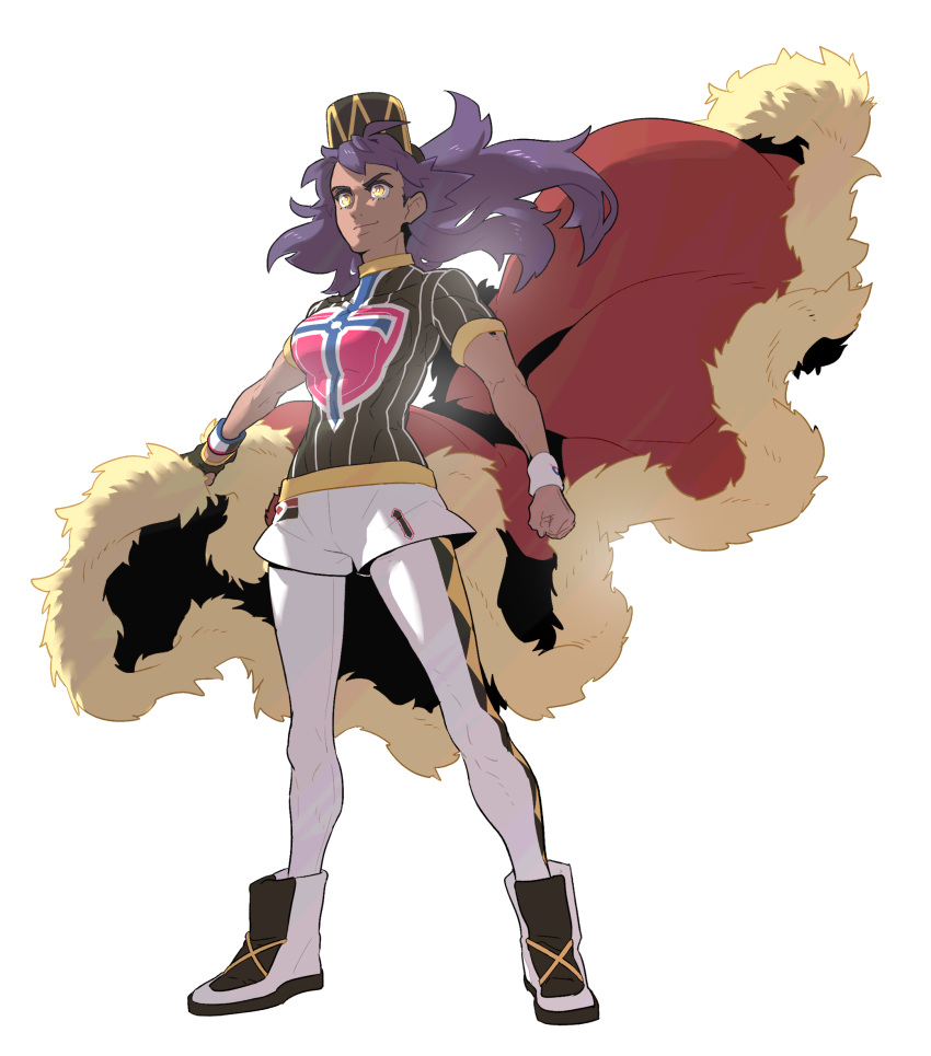 1boy baseball_cap boots bright_pupils cape champion_uniform closed_mouth commentary_request dark-skinned_male dark_skin dynamax_band facial_hair fur-trimmed_cape fur_trim gloves hat highres korean_commentary leggings leon_(pokemon) long_hair male_focus partially_fingerless_gloves pokemon pokemon_(game) pokemon_swsh purple_hair red_cape redlhzz shield_print shirt short_shorts short_sleeves shorts simple_background smile solo standing sword_print white_background white_footwear white_legwear white_pupils white_shorts yellow_eyes