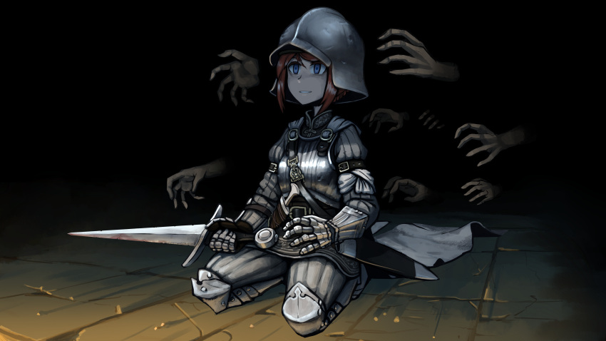 1girl absurdres armor blue_eyes breastplate brown_hair erica_(naze1940) full_armor gauntlets grin helmet highres holding holding_sword holding_weapon original seiza sheath sitting smile solo sword weapon