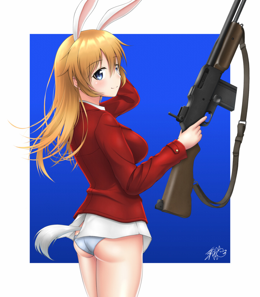 1girl animal_ears ass blue_background blue_eyes blush border breasts charlotte_e._yeager closed_mouth eyebrows_visible_through_hair gun highres jacket large_breasts long_hair looking_at_viewer looking_back orange_hair panties rabbit_ears rabbit_tail red_jacket rifle satukiookami shiny shiny_hair shiny_skin simple_background smile solo standing strike_witches tail underwear weapon white_border white_panties world_witches_series