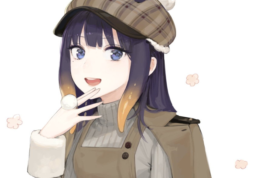 1girl :d blue_eyes brown_coat brown_headwear cabbie_hat coat coat_on_shoulders commentary_request gradient_hair grey_sweater hand_up hat highres hololive hololive_english long_sleeves looking_at_viewer multicolored_hair ninomae_ina'nis open_mouth oyabuli purple_hair round_teeth simple_background smile solo sweater teeth tentacle_hair upper_body upper_teeth white_background